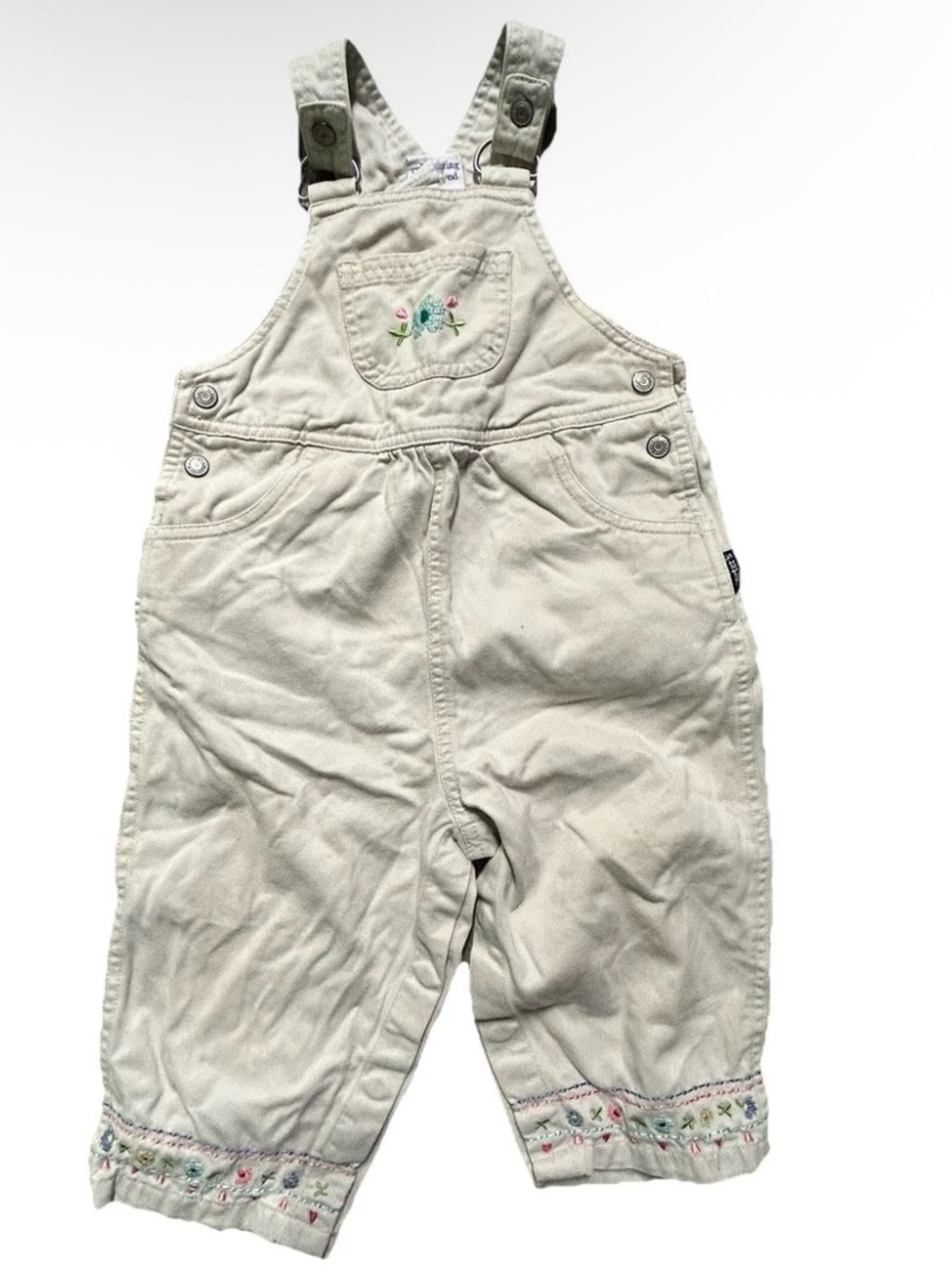 Vintage Toddler Girl Khaki Overalls Floral Embroidery Size 12-18 Months